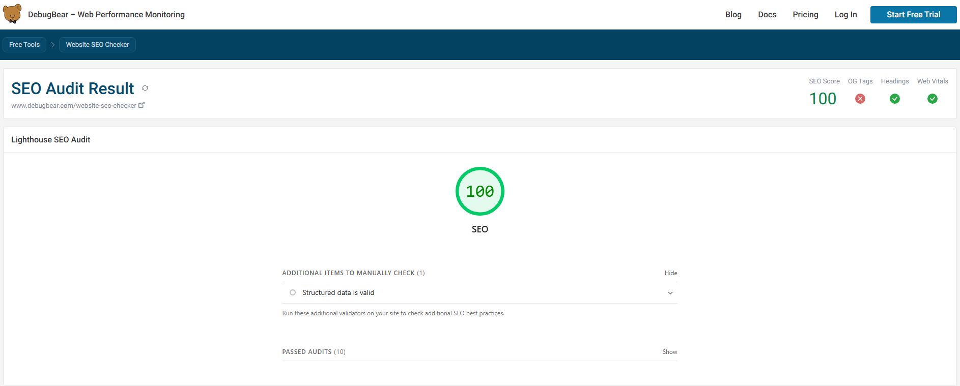 DebugBear perfect 100 score