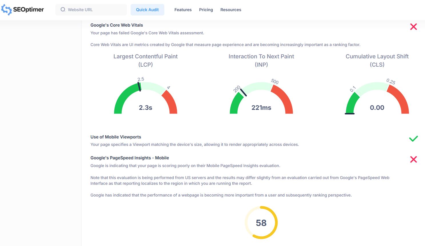 SEOptimer duplicate H1 tags and Core Web Vitals warning